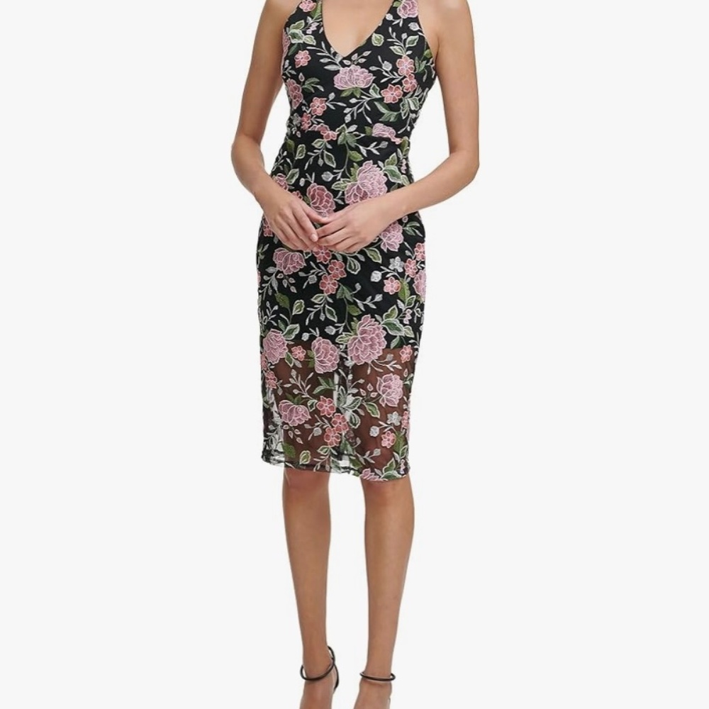 NWT Guess Floral Embroidered Mesh Strappy Cocktail Dress - Picture 2 of 6